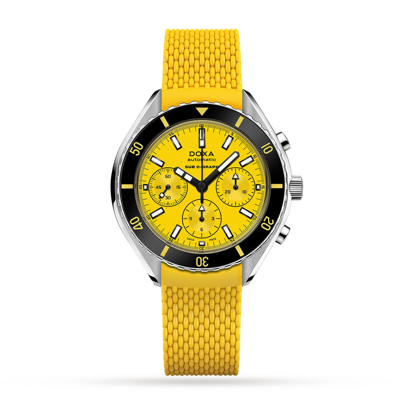 The DOXA Sub 200 C-Graph Divingstar is a yellow diver’s watch with a textured yellow strap, black bezel, three subdials on a yellow face, and automatic Swiss movement, shown on a white background.