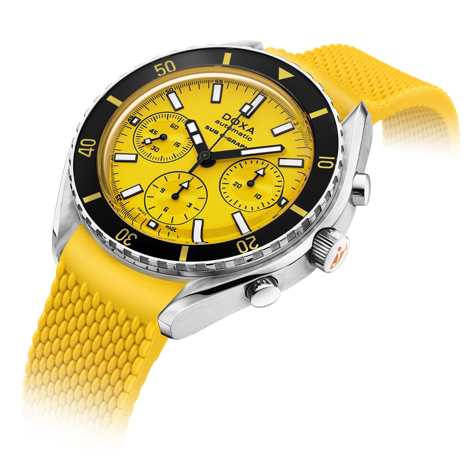 The DOXA Sub 200 C-Graph Divingstar is a yellow chronograph dive watch with a stainless steel case, black bezel, yellow strap, three subdials, Swiss automatic movement, and water resistance, shown on a white background.