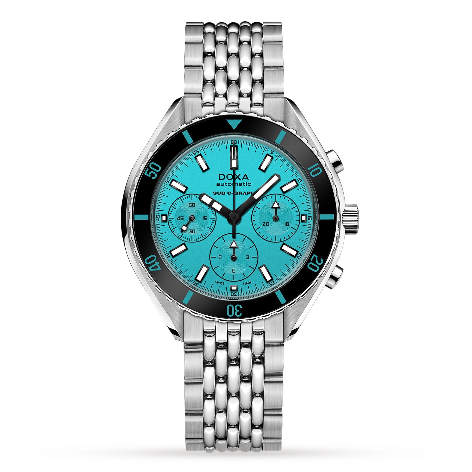 The DOXA Sub 200 C-Graph Aquamarine is a stainless steel chronograph wristwatch featuring a turquoise dial, black bezel, three subdials, and a metal link bracelet, shown displaying the time as 10:08.