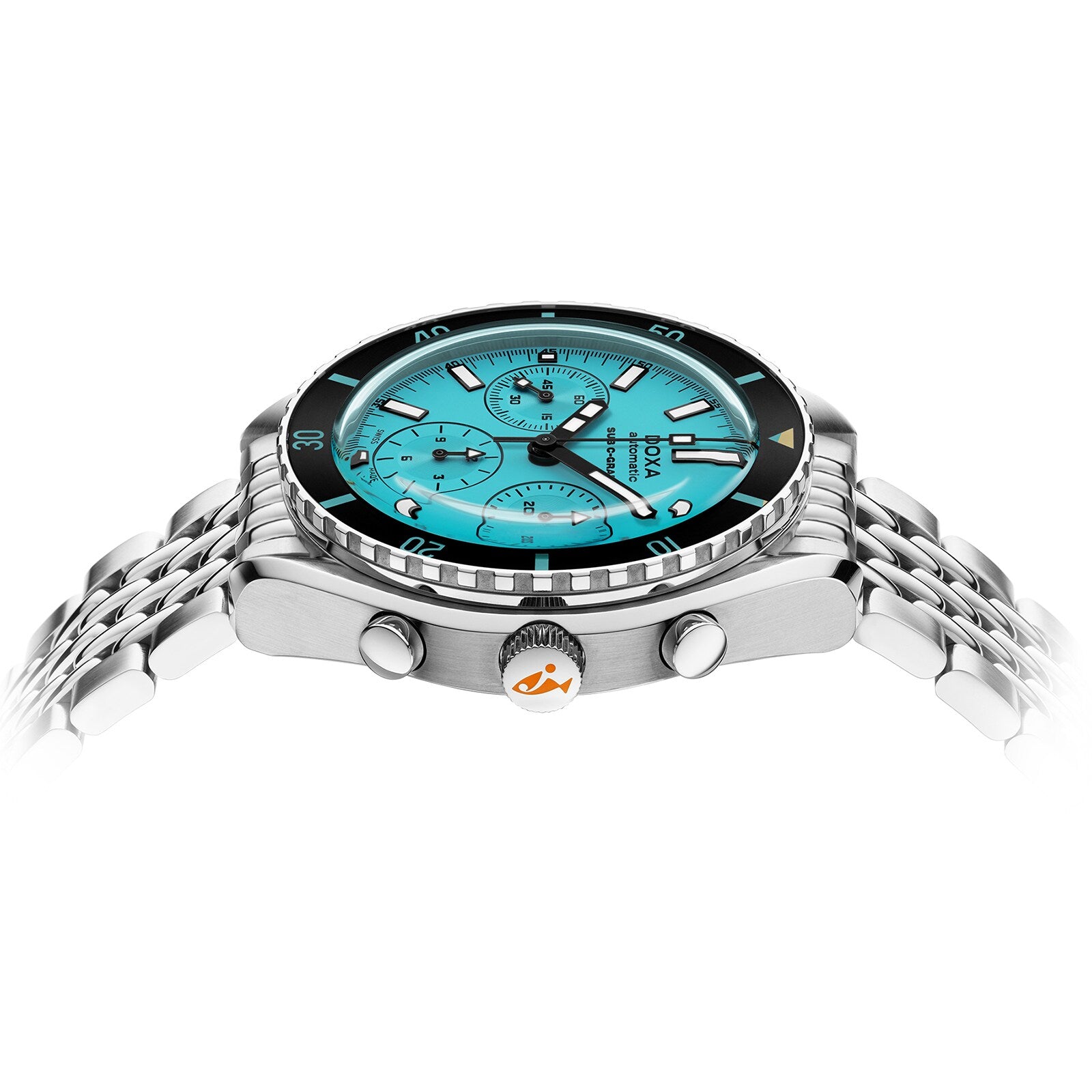 Side view of the DOXA Sub 200 C-Graph Aquamarine, a stainless steel chronograph wristwatch with an aquamarine dial, multiple subdials, black bezel, and metal link band.