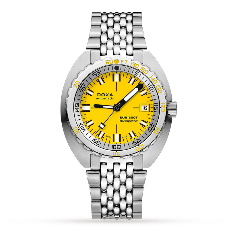 The DOXA Sub 300T Divingstar is a stainless steel diver’s watch with a bright yellow dial, date window at 3 o’clock, silver metal bracelet, automatic movement, and a helium release valve for reliable professional diving.