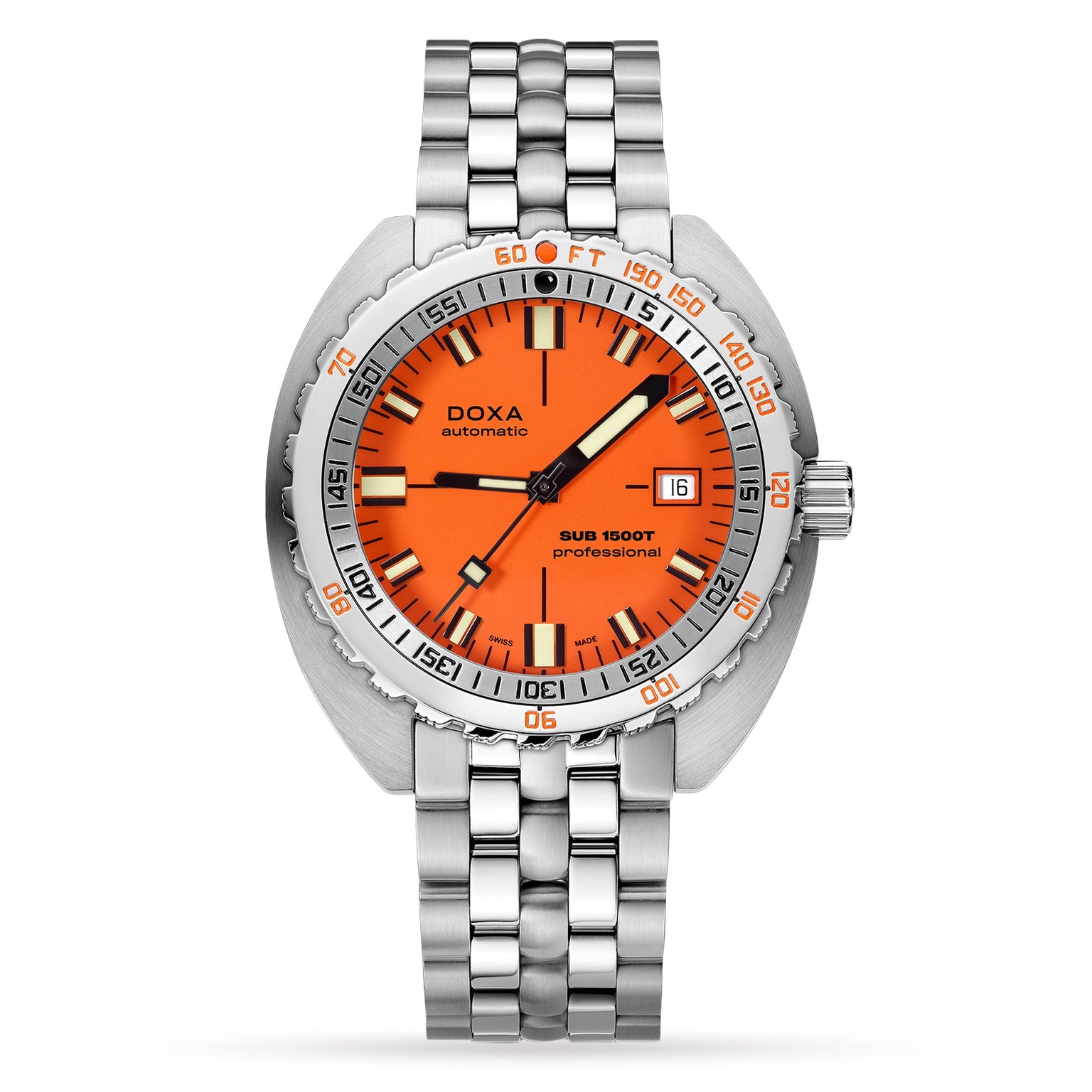 The DOXA Sub 1500T Professional is a stainless steel diver’s watch featuring an orange dial, black and white hands, date at 3 o’clock, silver bracelet, and water resistance up to 1500 meters.