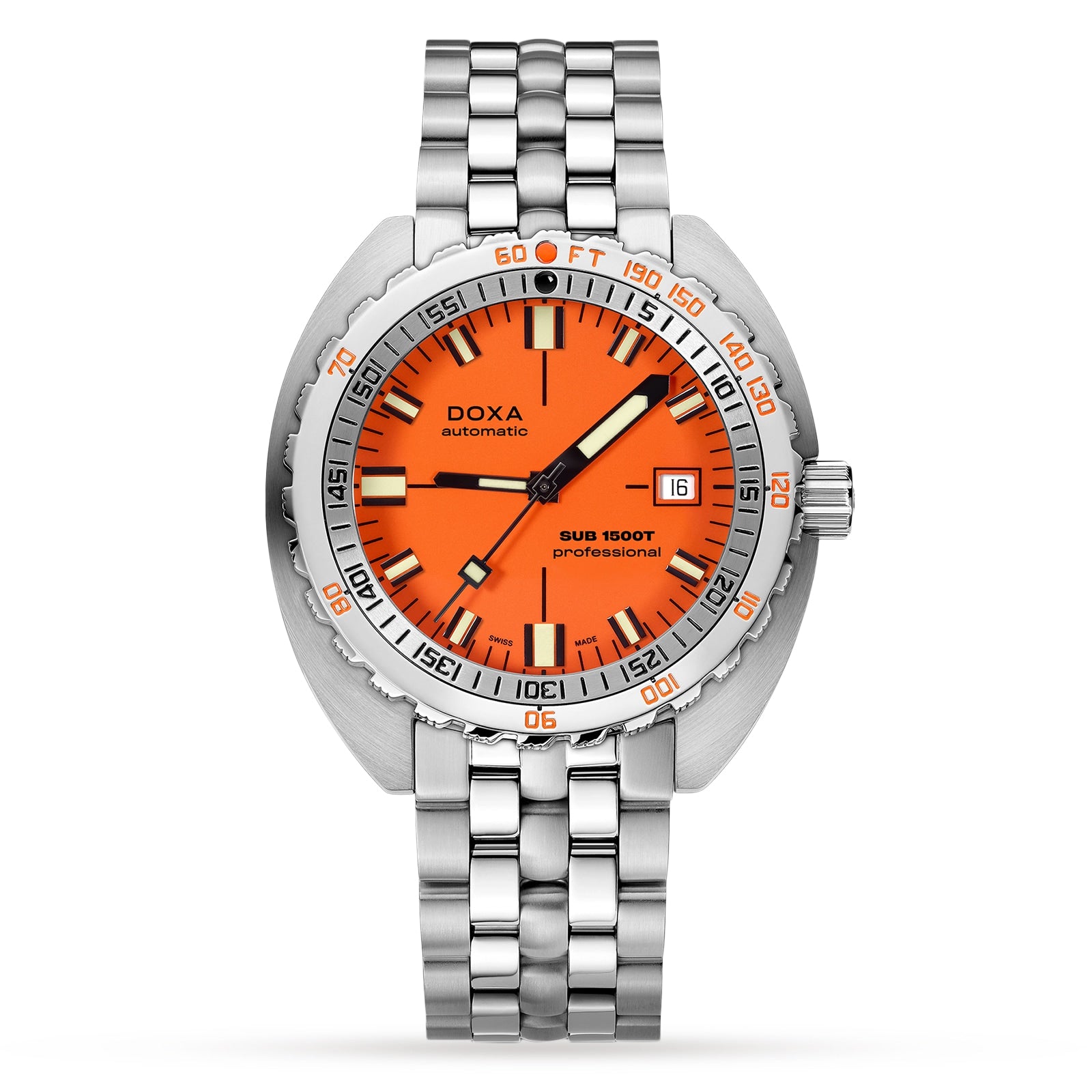 The DOXA Sub 1500T Professional is a stainless steel diver’s watch featuring an orange dial, black and white hands, date at 3 o’clock, silver bracelet, and water resistance up to 1500 meters.
