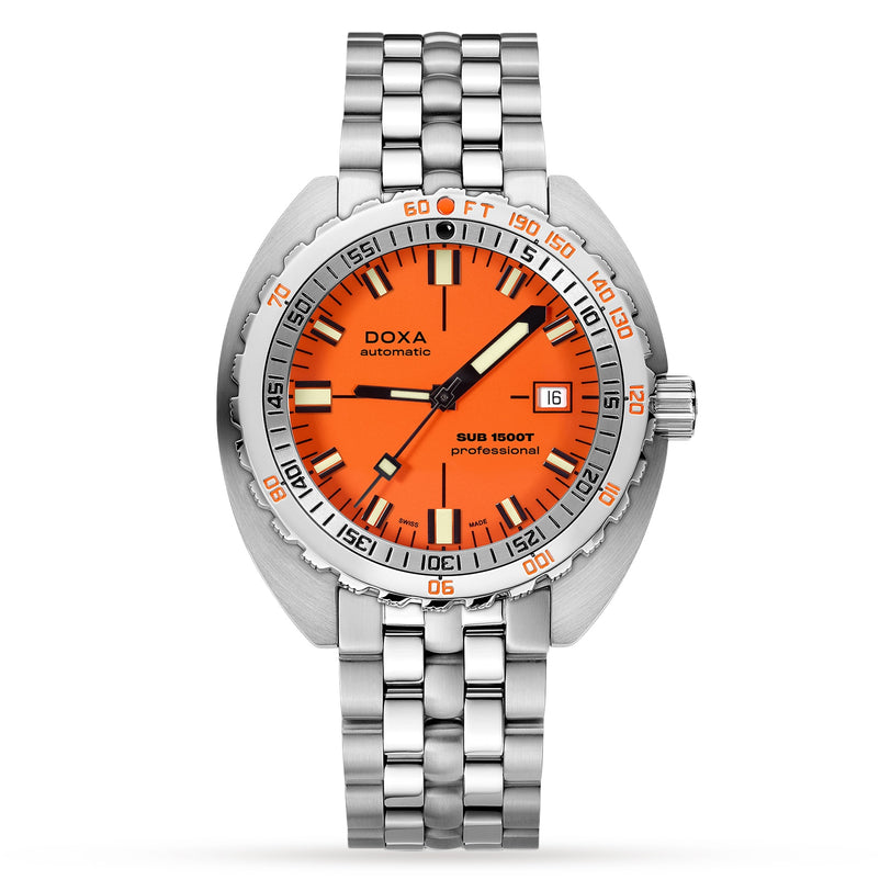The DOXA Sub 1500T Professional is a stainless steel diver’s watch featuring an orange dial, black and white hands, date at 3 o’clock, silver bracelet, and water resistance up to 1500 meters.