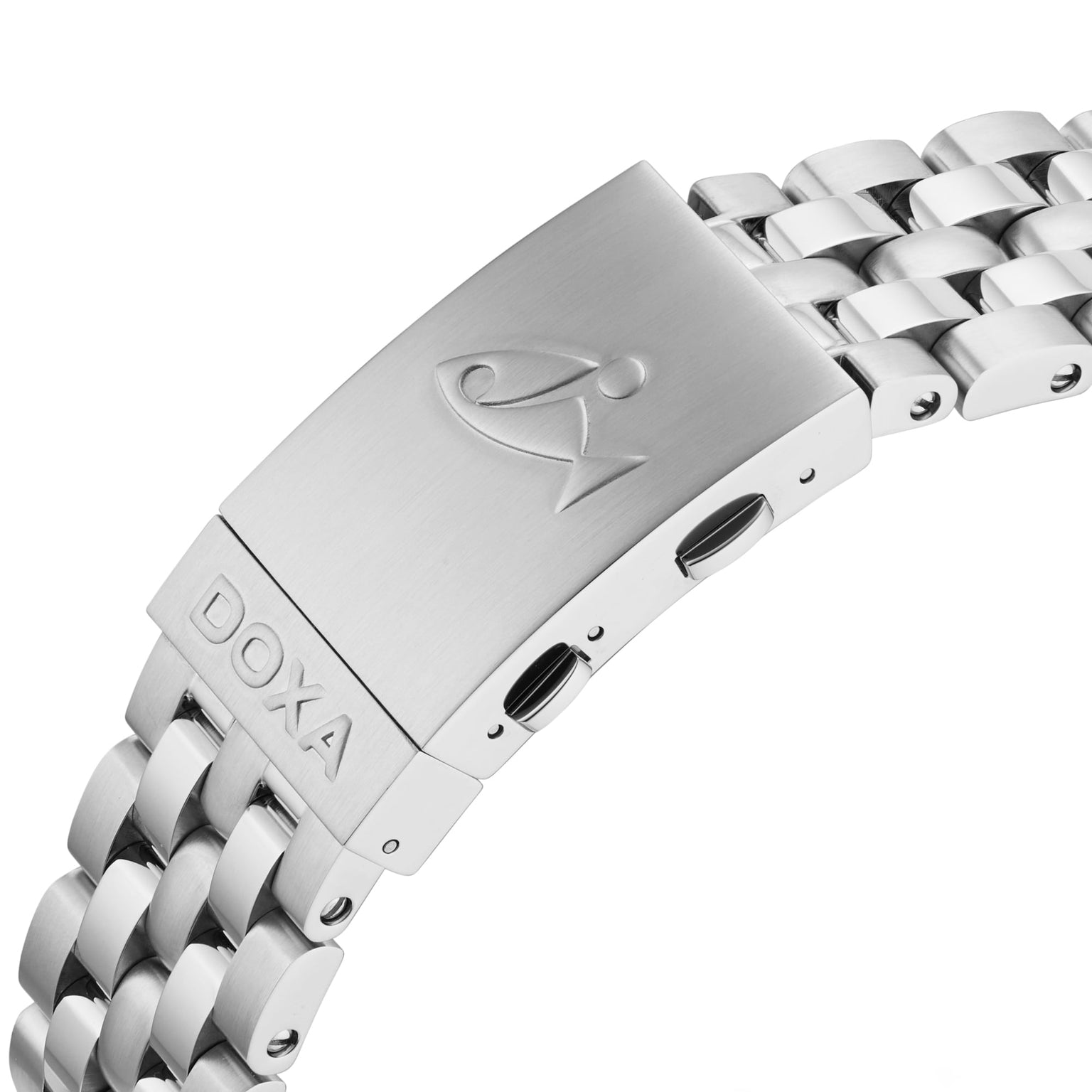 Close-up of the DOXA Sub 1500T Professional divers watch bracelet clasp, displaying the DOXA logo and engraved branding on its brushed stainless steel surface.
