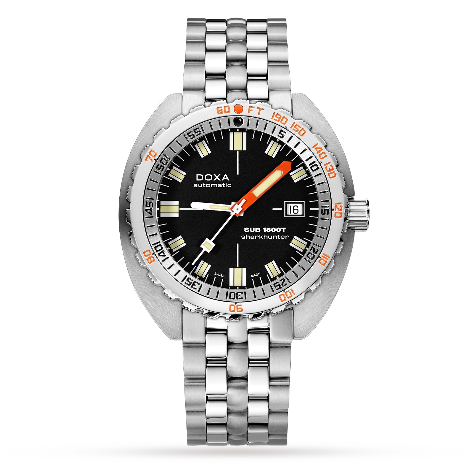 The DOXA Sub 1500T Sharkhunter is a stainless steel divers watch featuring a black dial, orange minute hand, Super-LumiNova® coating, date window at 3 oclock, and a silver metal bracelet.