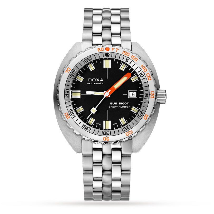 The DOXA Sub 1500T Sharkhunter is a stainless steel divers watch featuring a black dial, orange minute hand, Super-LumiNova® coating, date window at 3 oclock, and a silver metal bracelet.