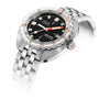 A DOXA Sub 1500T Sharkhunter stainless steel diver’s watch with a black dial, orange and white accents, Super-LumiNova® coating, date window, and metal bracelet, shown against a white background.