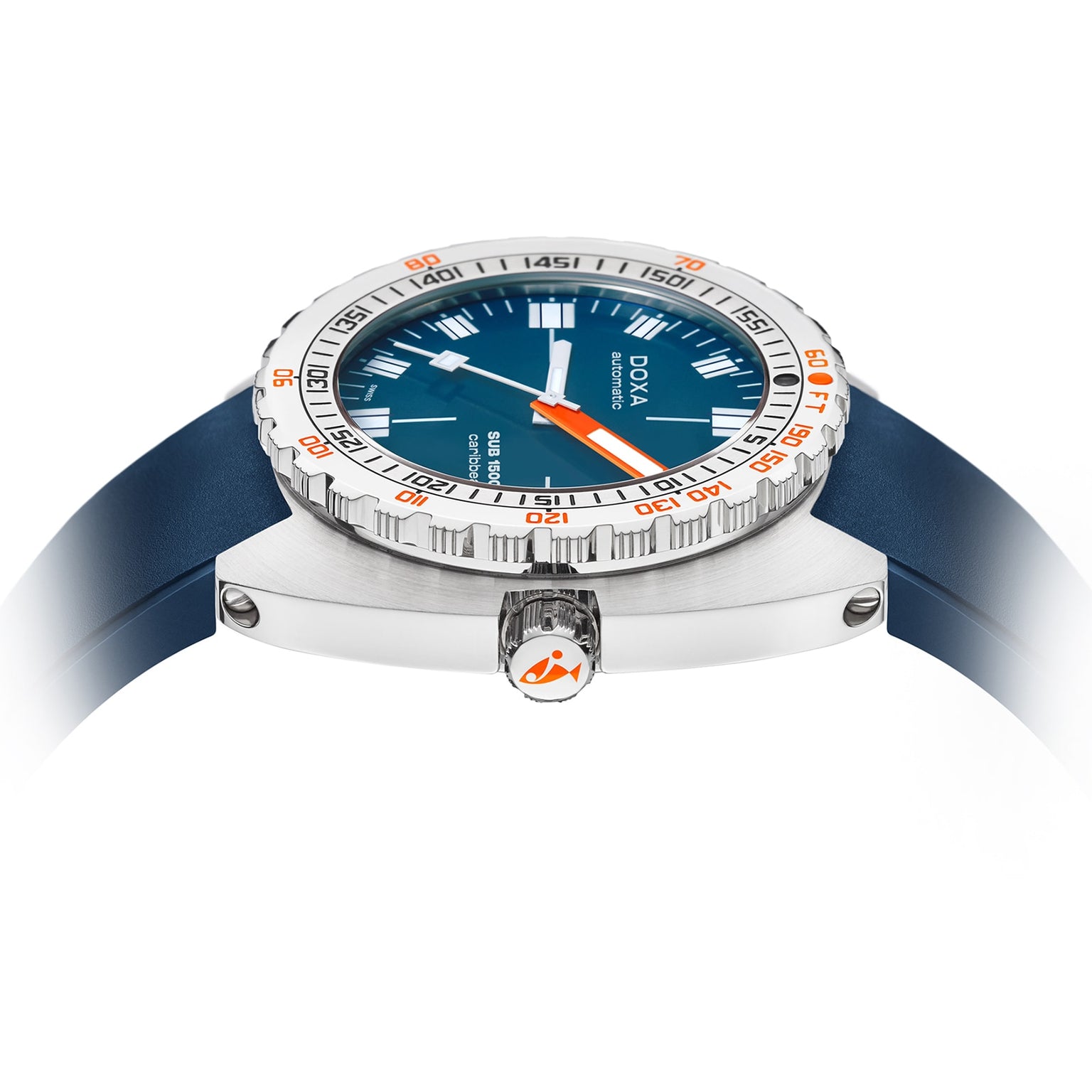 A close-up of the DOXA Sub 1500T Caribbean divers watch, featuring a blue face, orange minute hand, silver bezel, and blue strap; photographed from a side angle. Built for 1500m depths and equipped with a helium release valve.