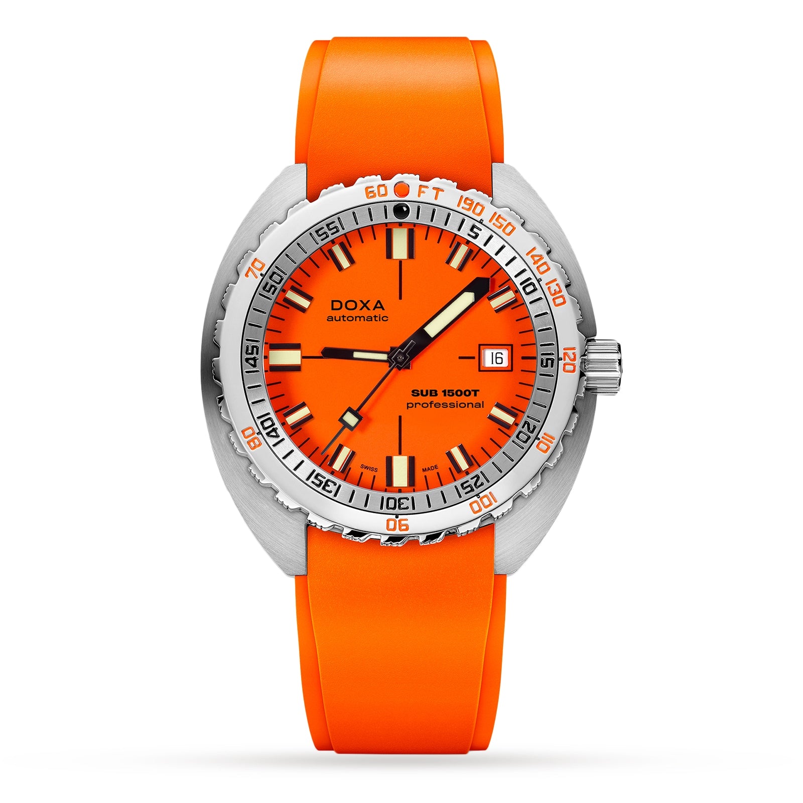 The DOXA Sub 1500T Professional features an orange dial, orange strap, silver 316L stainless steel bezel, and a date display at 3 o’clock.