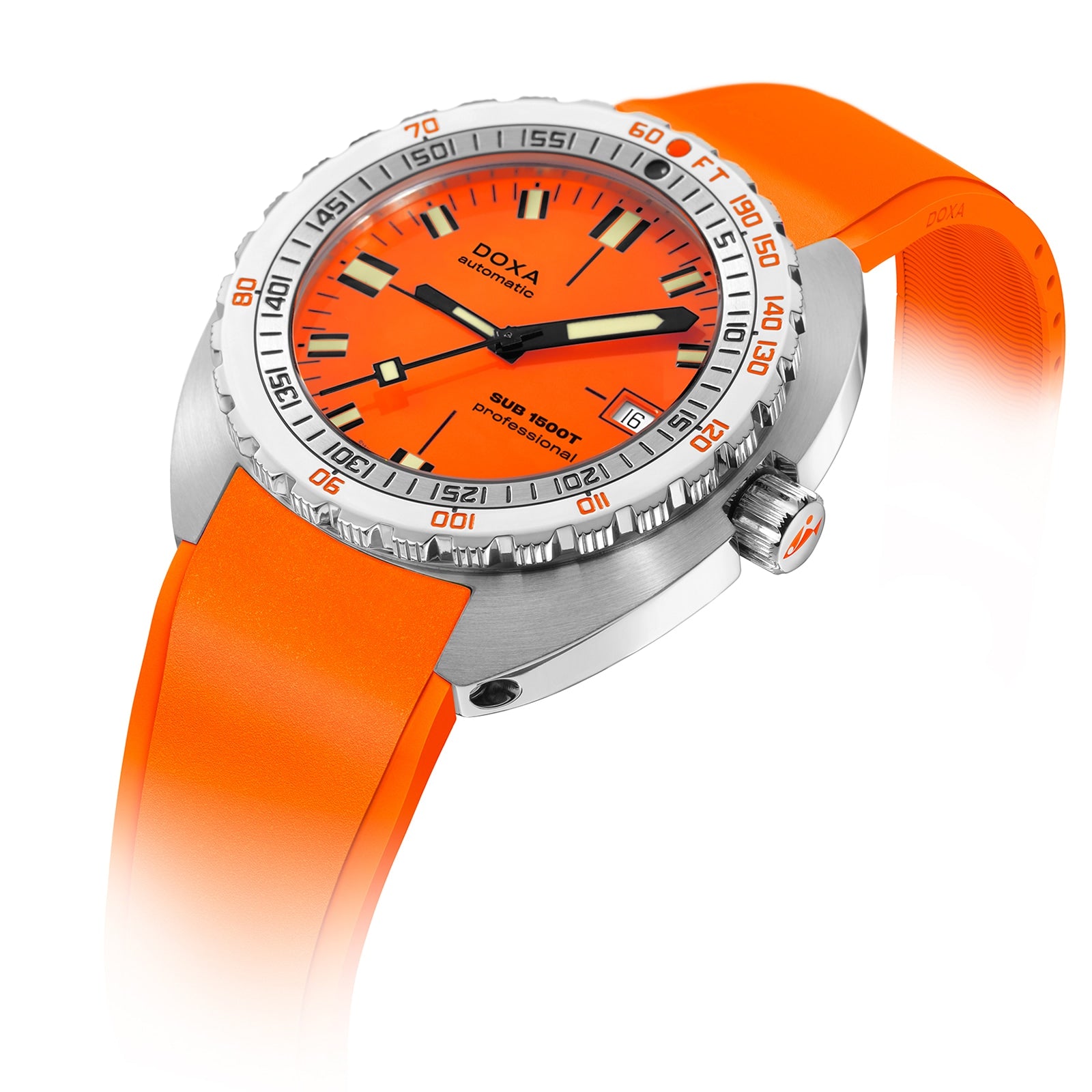 The DOXA Sub 1500T Professional is a silver automatic diver’s watch with an orange dial, date display, and orange rubber strap. Made from 316L stainless steel, it is shown on a white background.