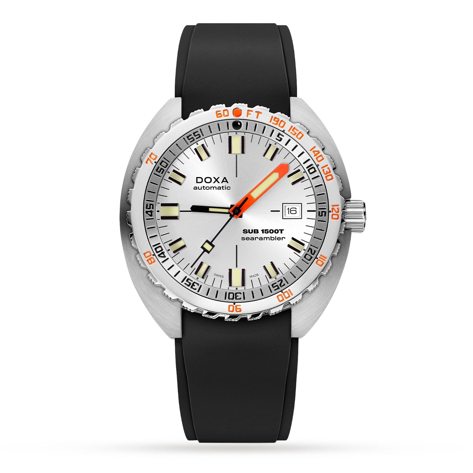 The DOXA Sub 1500T Searambler is a silver diver’s watch with a white dial, orange accents, Super-LumiNova coating, date display, and black rubber strap.