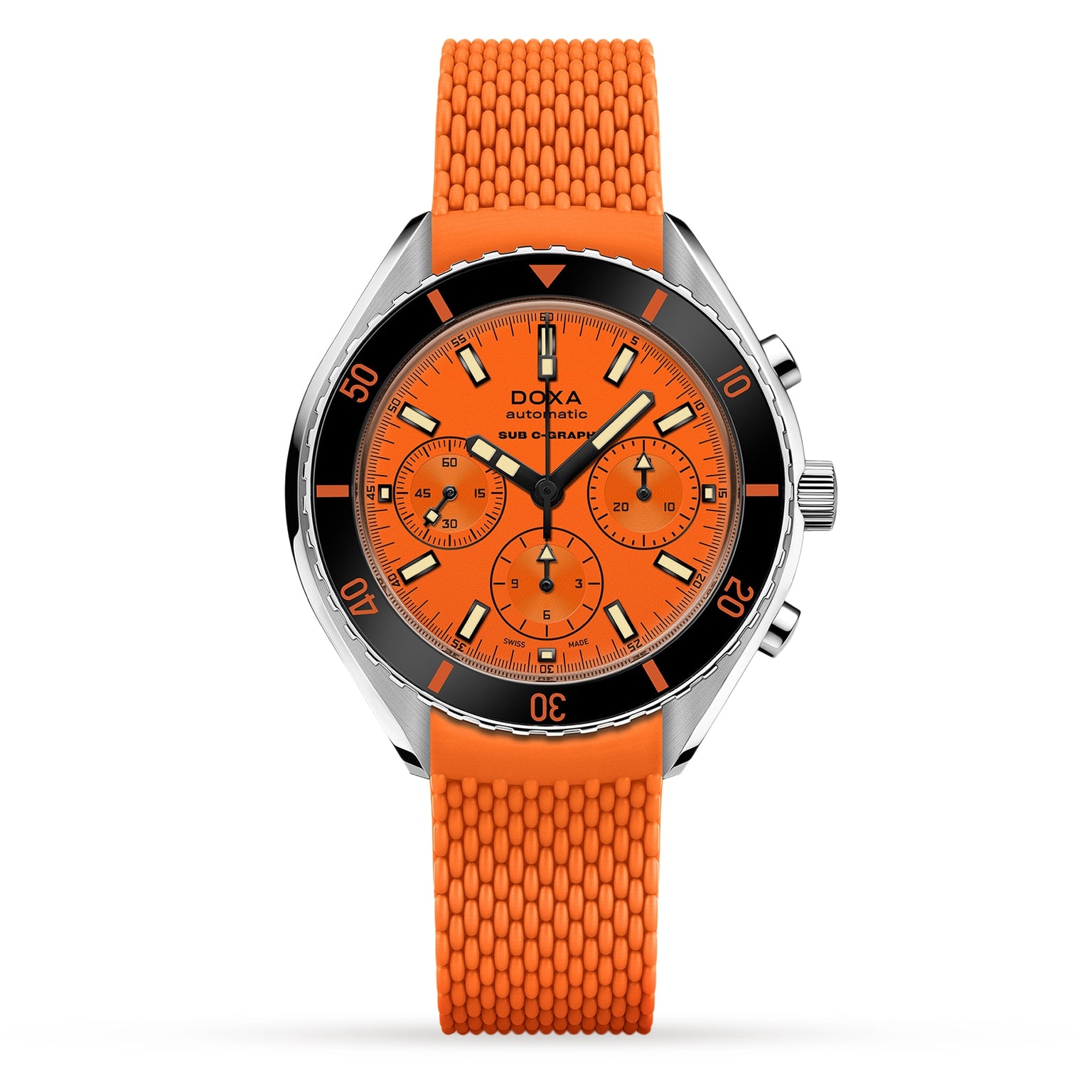 The DOXA Sub 200 C-Graph Professional is a diver’s watch with an orange textured strap, orange dial, three subdials, black unidirectional bezel, and silver hour markers and hands for enhanced visibility.
