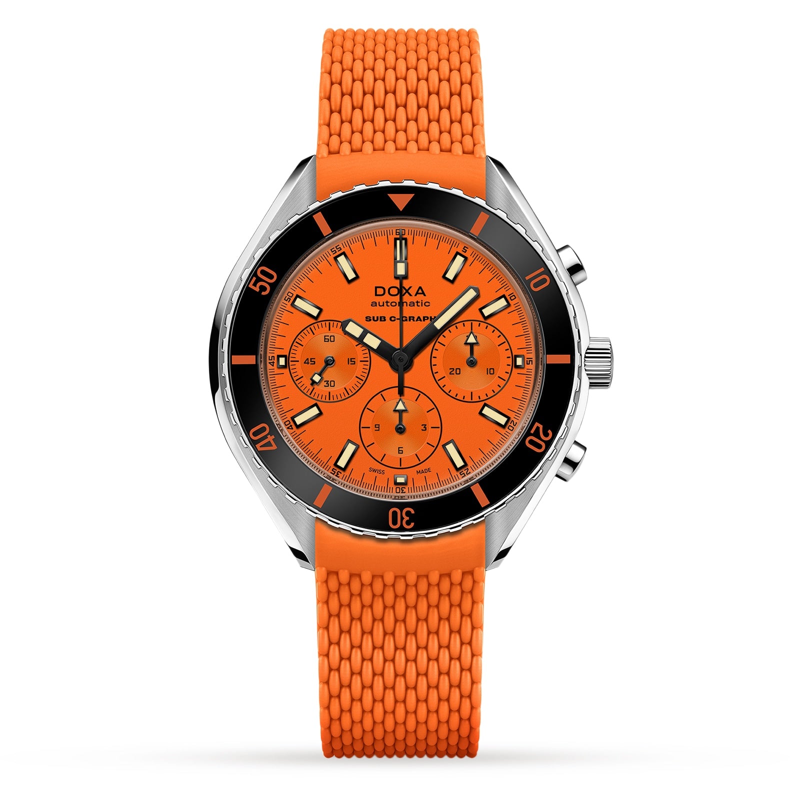 The DOXA Sub 200 C-Graph Professional is a diver’s watch with an orange textured strap, orange dial, three subdials, black unidirectional bezel, and silver hour markers and hands for enhanced visibility.