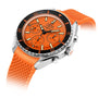 The DOXA Sub 200 C-Graph Professional is a stainless steel divers watch with an orange rubber strap, orange dial, black bezel, and three sub-dials.
