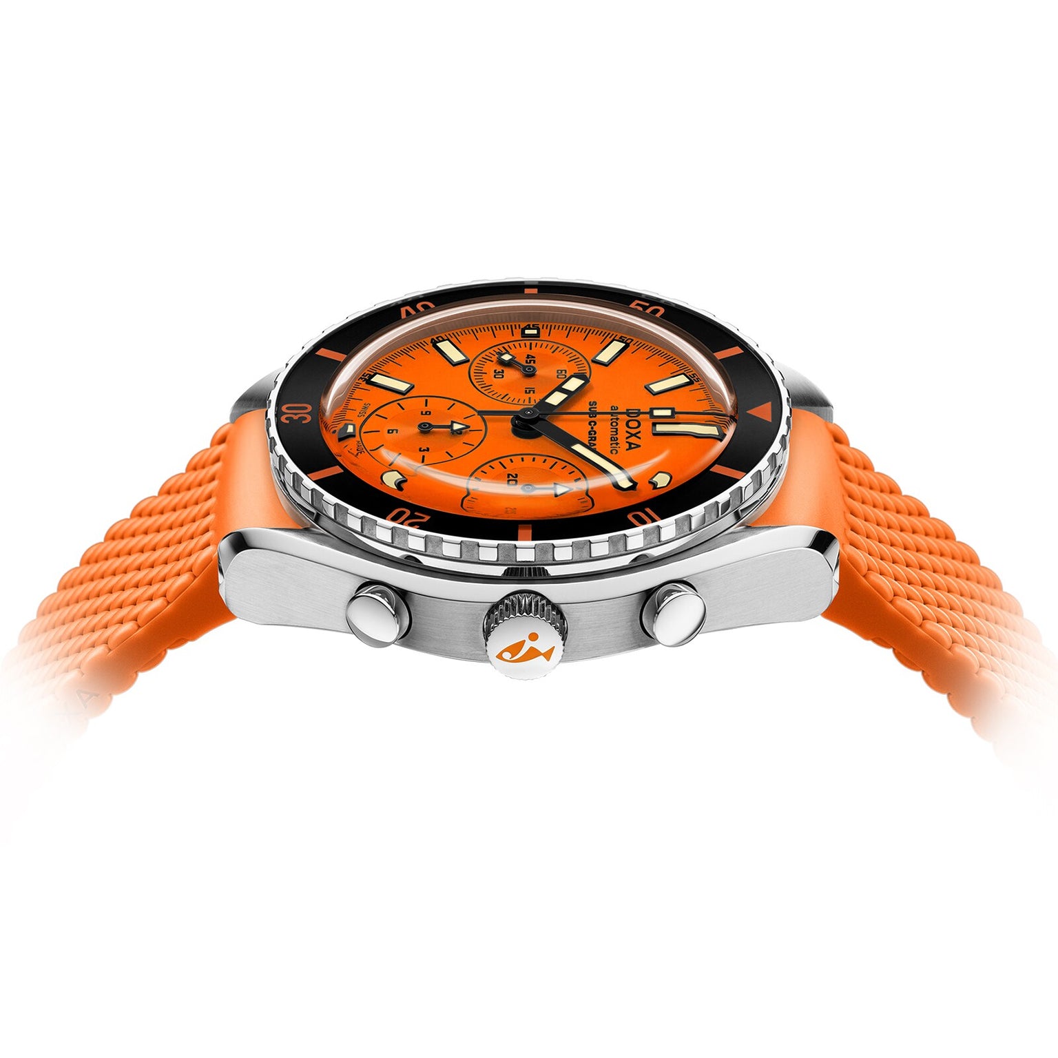 A close-up side view of the DOXA Sub 200 C-Graph Professional diver’s watch featuring an orange face and strap, black bezel, silver case, chronograph dials, metal pushers, and Swiss automatic movement.