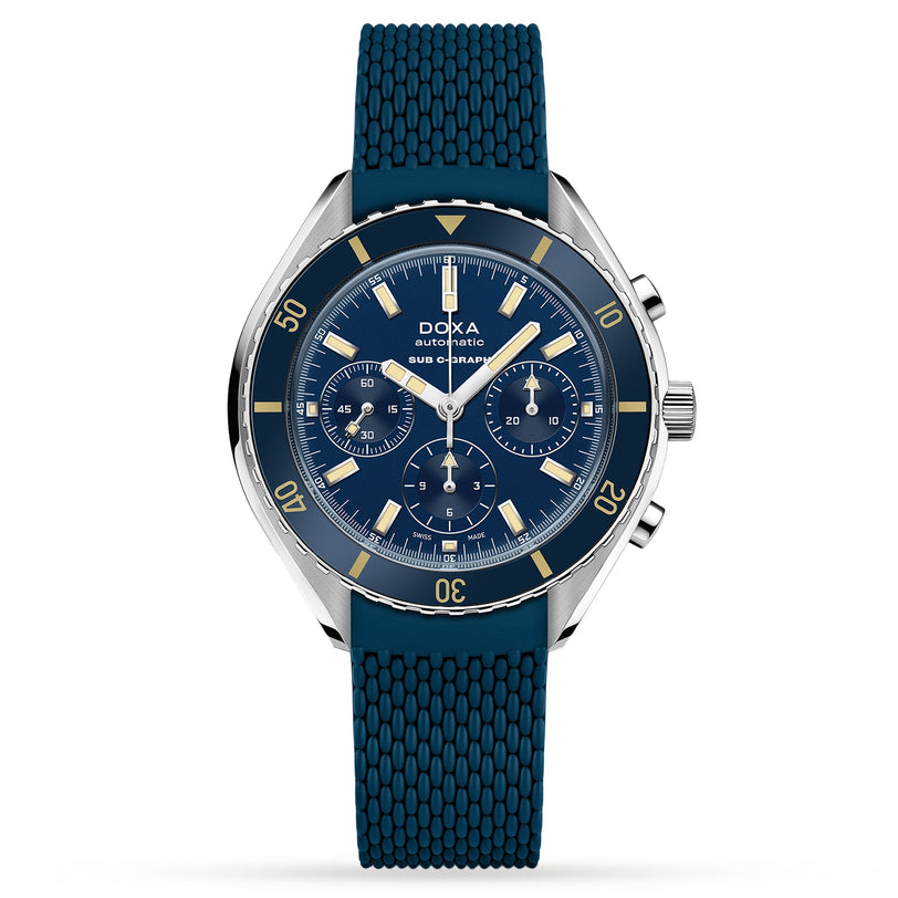 The DOXA Sub 200 C-Graph Caribbean is a blue chronograph diver’s watch with a Swiss movement, silver bezel, blue textured strap, and yellow accents on its dial and markers.