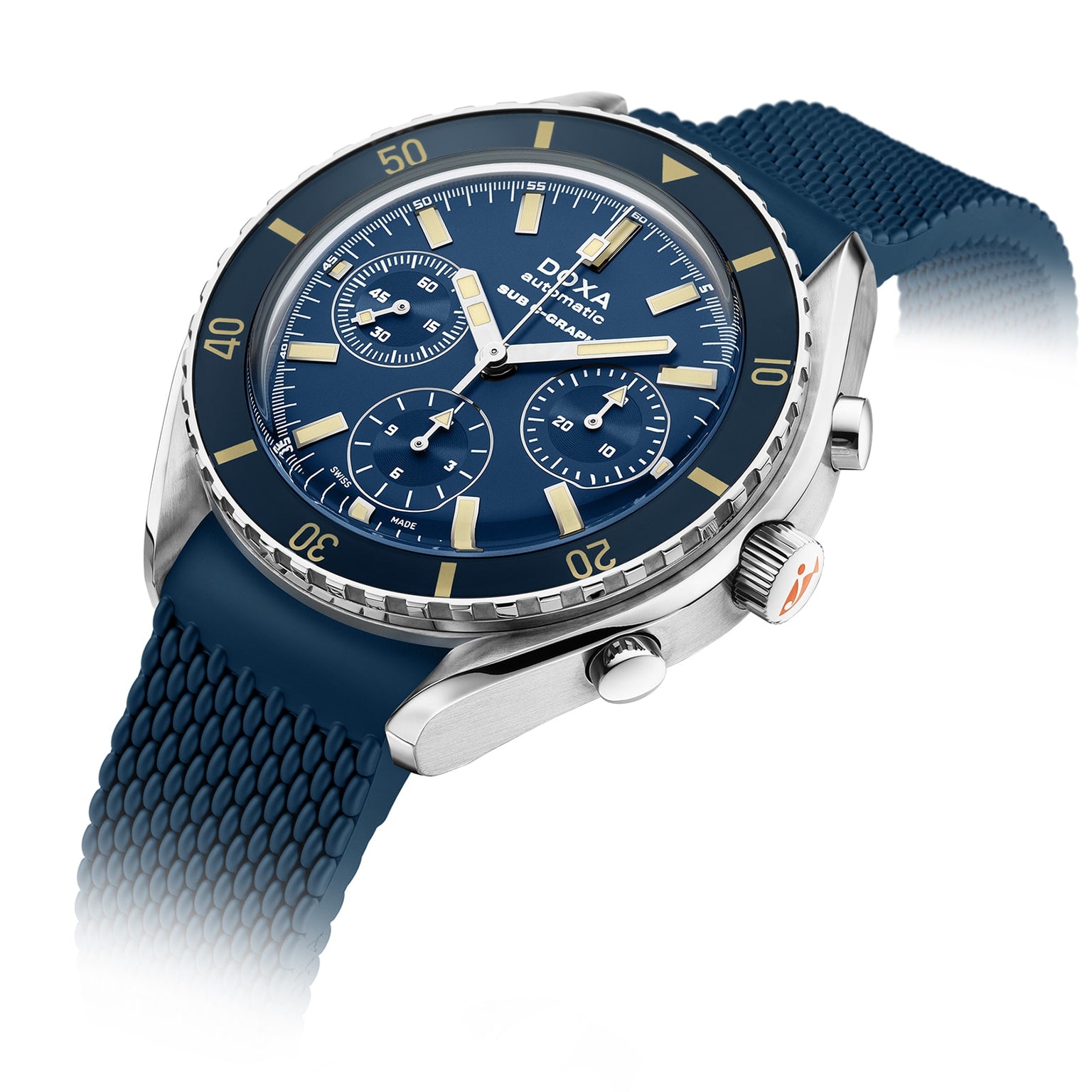 The DOXA Sub 200 C-Graph Caribbean is a blue diver’s watch with Swiss movement, a textured blue rubber strap, stainless steel case, and three subdials on a blue bezel, shown angled on a white background.