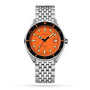 The DOXA Sub 200 Professional is a 316L stainless steel divers watch with an orange dial, black unidirectional bezel, silver hour markers, date at 3 oclock, and a metal link bracelet.