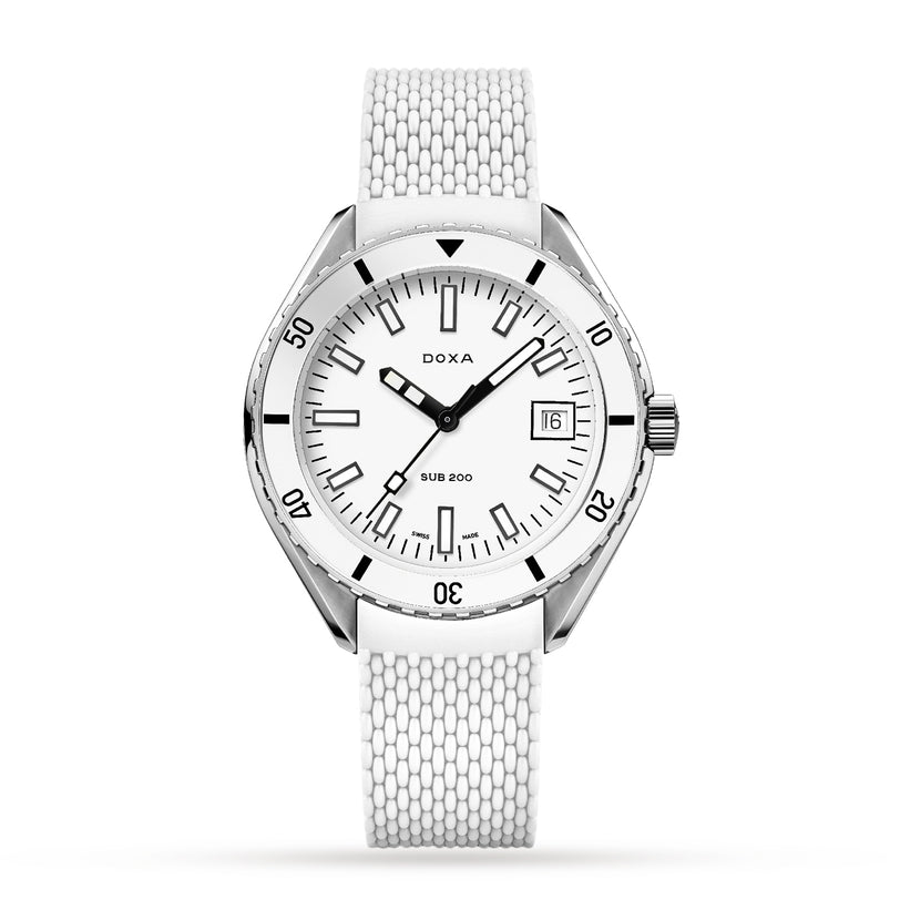 The DOXA Sub 200 Whitepearl diver’s watch features a white textured strap, black markers, date window at 3 o’clock, and a rotating bezel, shown on a white background.