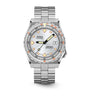 The DOXA Sub 600T Searambler is a stainless steel dive watch with a silver dial, bold orange accents, date at 3 o’clock, and metal bracelet—perfect for dependable performance on your next underwater adventure.