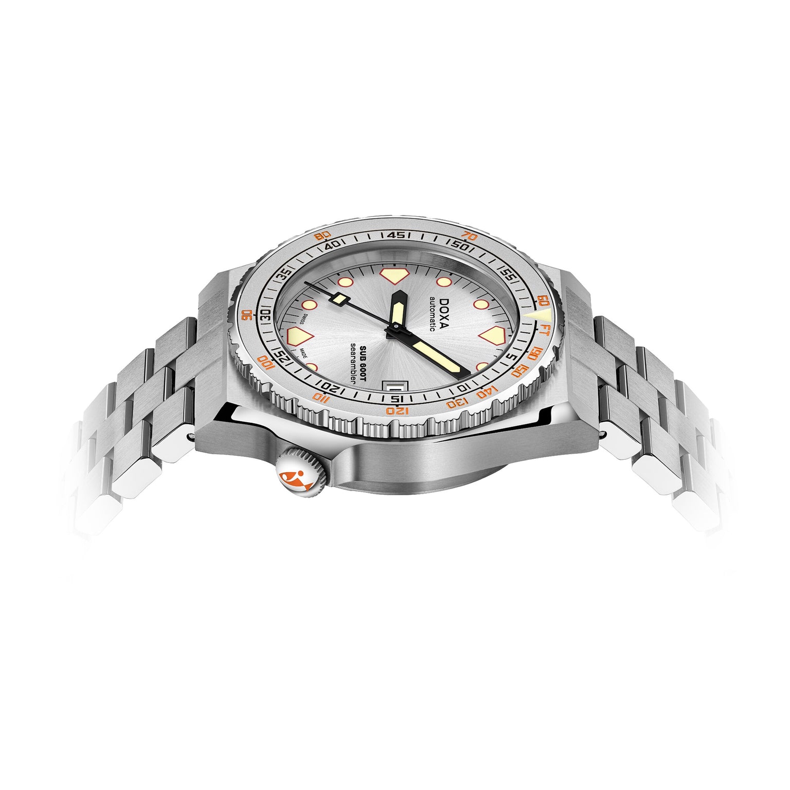 The DOXA Sub 600T Searambler is a stainless steel dive watch with a silver dial, orange accents, and a metal bracelet, shown at an angle on a white background.