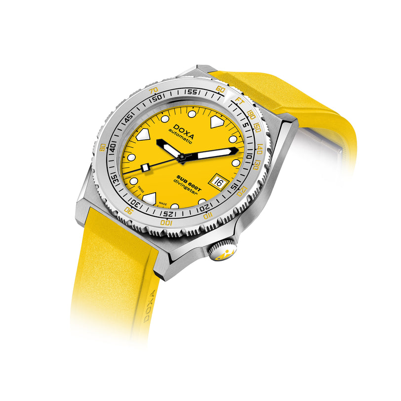The DOXA SUB 600T Divingstar is a yellow dive watch featuring a stainless steel bezel and a matching yellow rubber strap, shown on a white background.