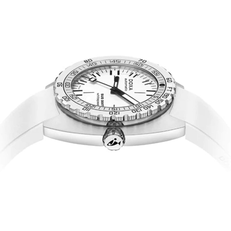 The DOXA Sub 300T Whitepearl diver’s watch features a white band, silver bezel, and black markers, displayed from a low side angle on a plain white background.