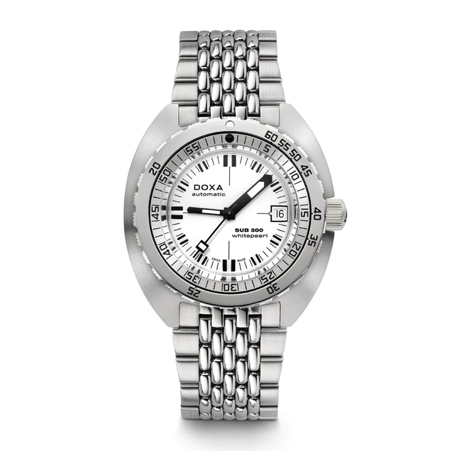 The DOXA Sub 300 Whitepearl is a stainless steel automatic watch featuring a white dial with black markers, date at 3 o’clock, unidirectional bezel, and metal link bracelet.