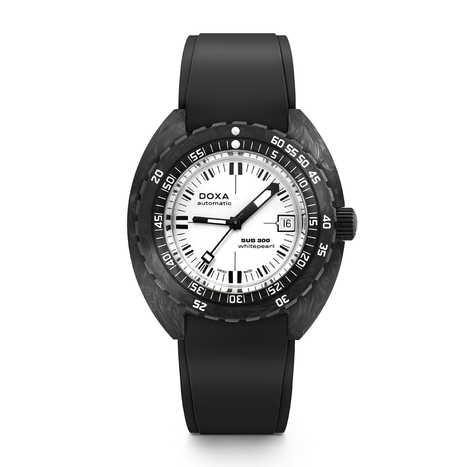 The DOXA Sub 300 Carbon Whitepearl is an automatic watch featuring a round face, black bezel, white dial, black rubber strap, and date display at 3 o’clock.