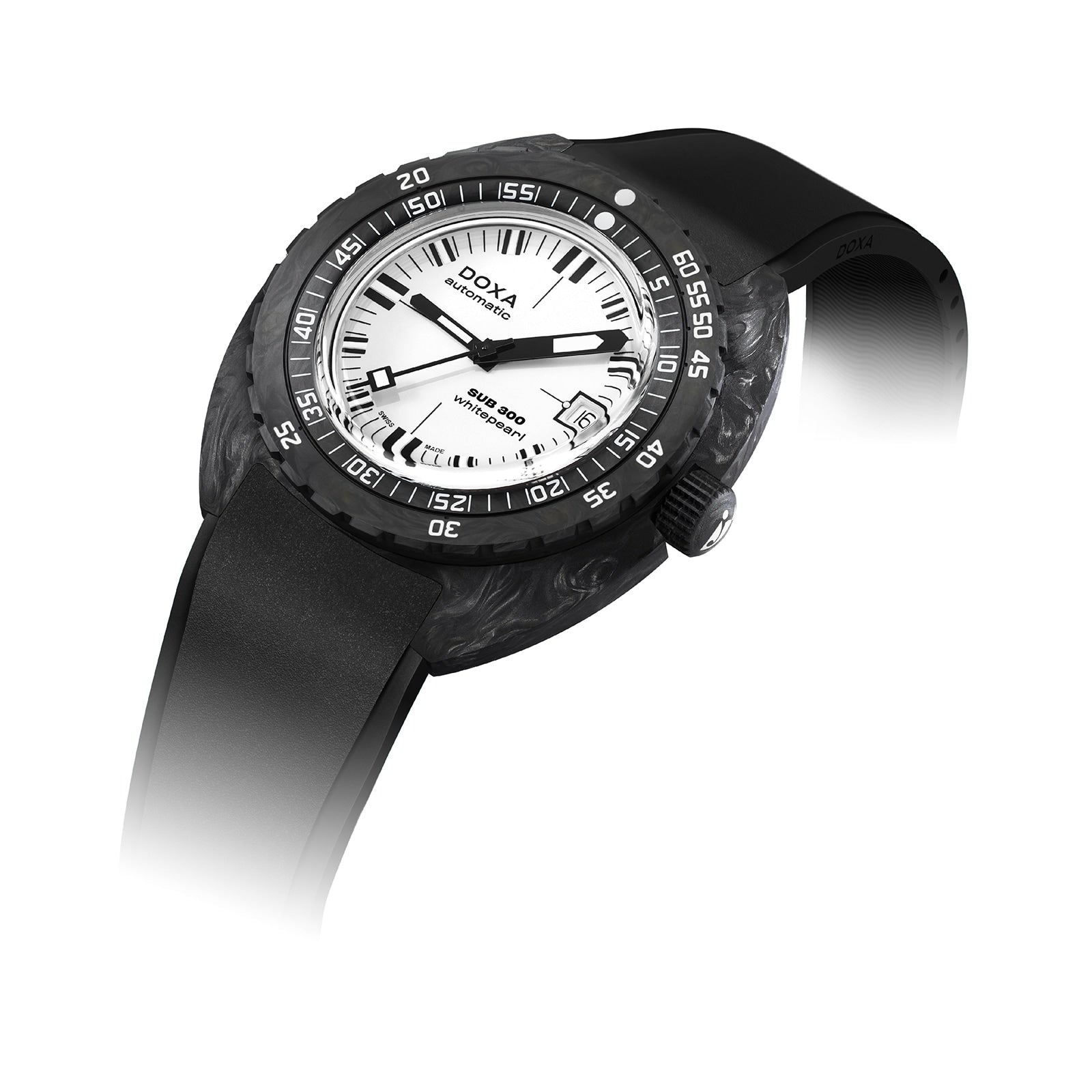 The DOXA Sub 300 Carbon Whitepearl features a black and white round dial, numbered bezel, and black rubber strap, shown on a white background.