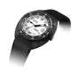The DOXA Sub 300 Carbon Whitepearl features a black and white round dial, numbered bezel, and black rubber strap, shown on a white background.
