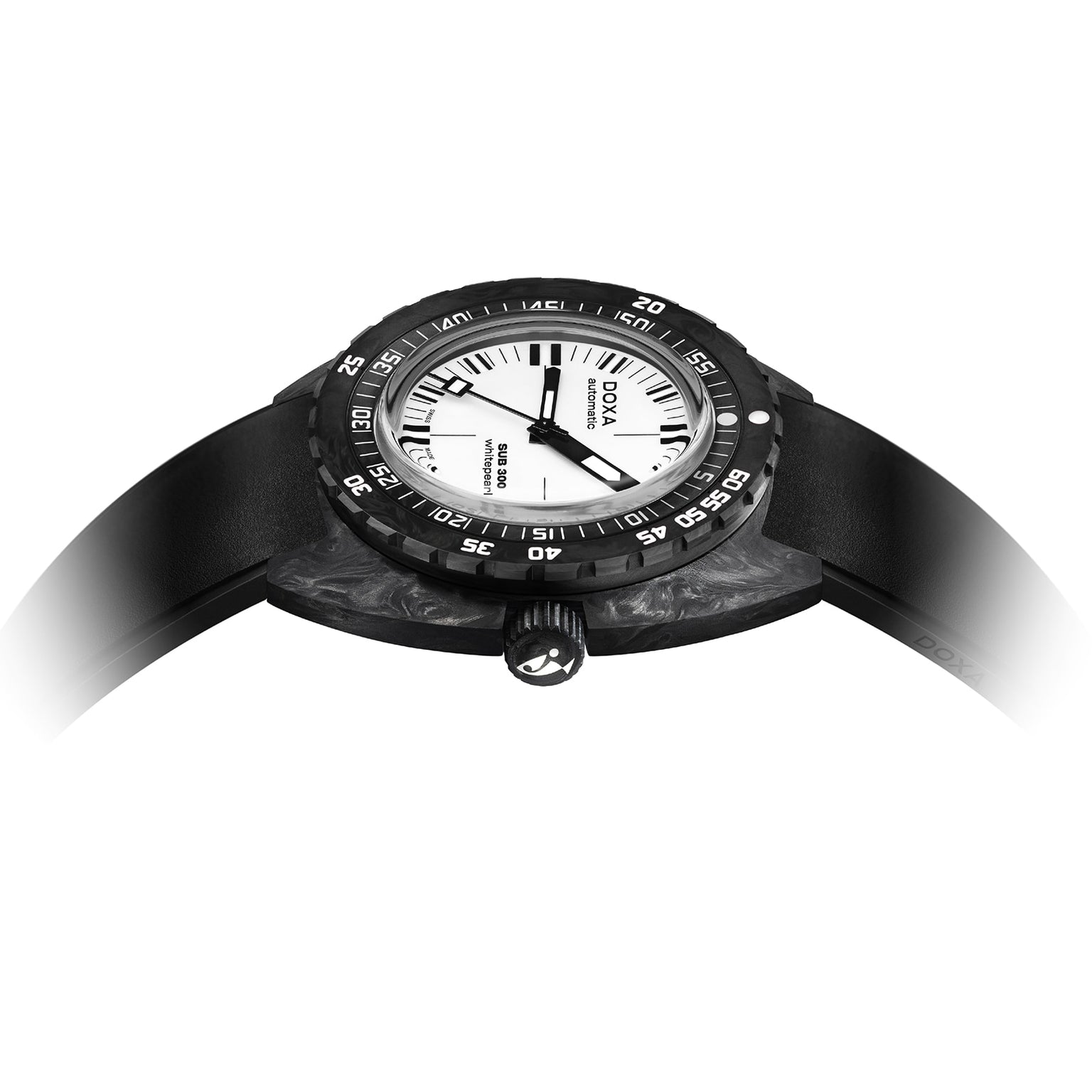 A close-up of the DOXA Sub 300 Carbon Whitepearl shows its black bezel, white dial, black hour markers, and black band against a white background. This COSC Certified Chronometer combines precision with striking style.