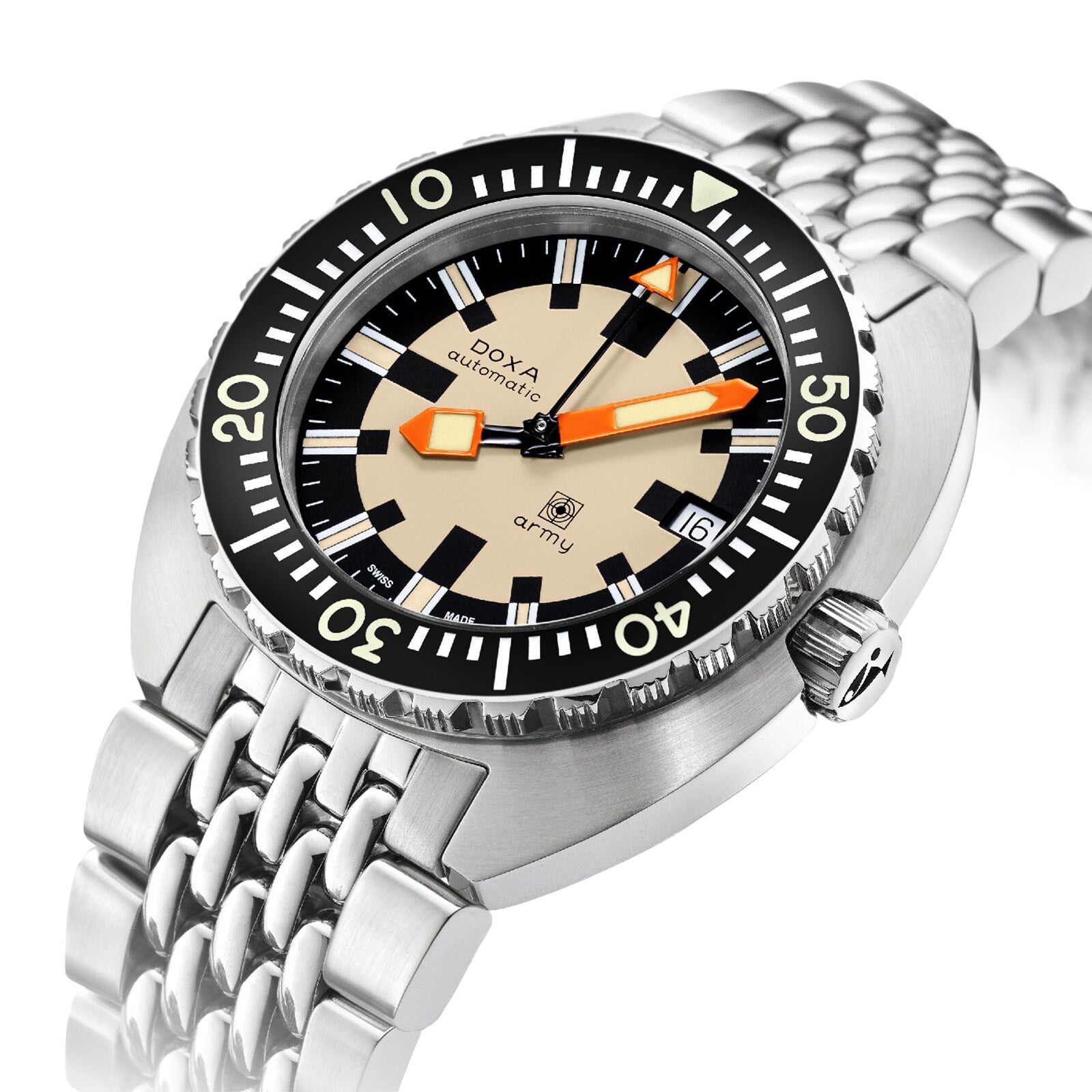 The DOXA Army Stainless Steel watch features a beige dial, black rotating bezel, date display, and orange-accented hands, displayed on a metal bracelet.