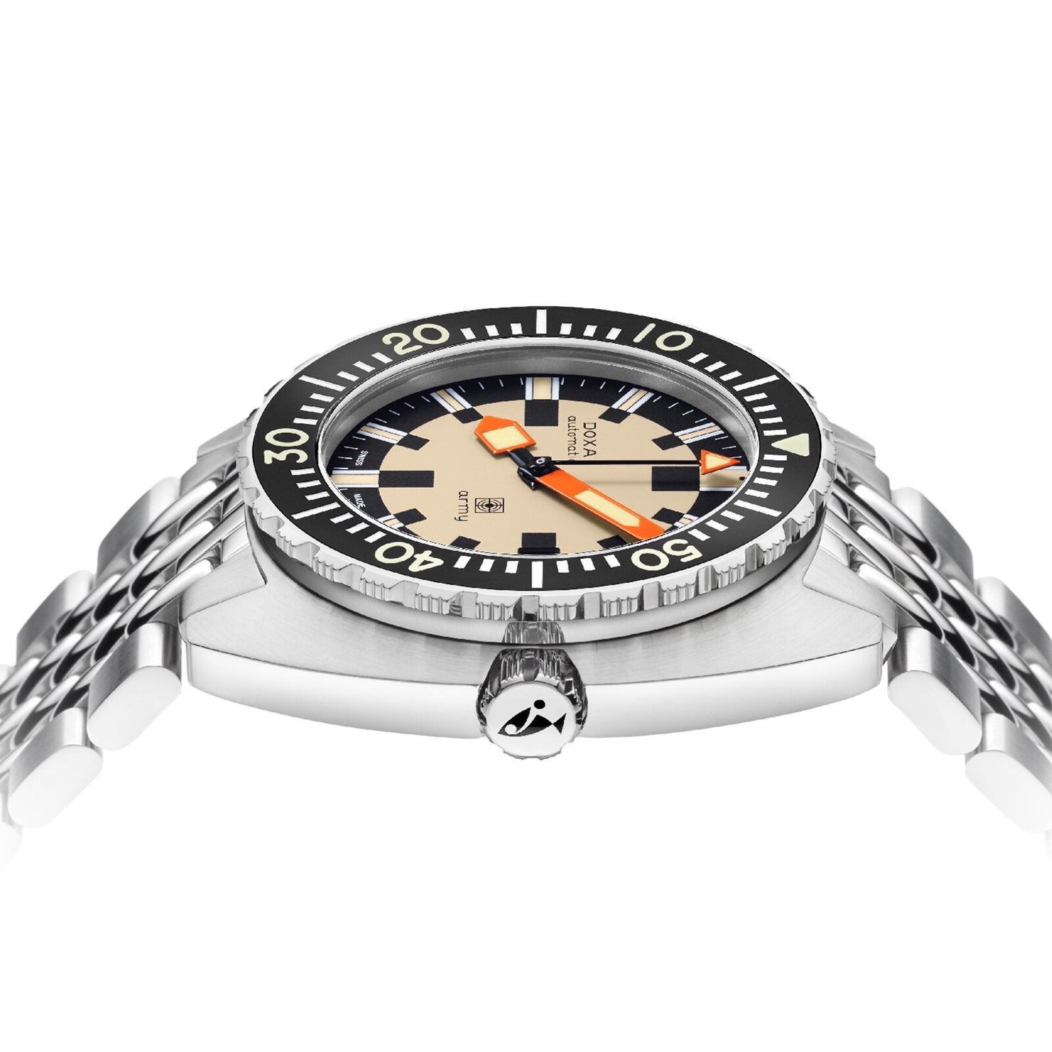 Side view of the DOXA Army Stainless Steel watch by DOXA, showcasing a beige dial, bold black rotating bezel, orange minute hand, and sleek silver bracelet.