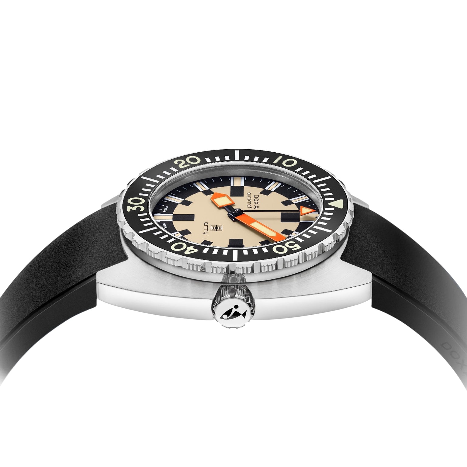Side view of the DOXA Army Stainless Steel by DOXA, showcasing a beige and black dial, black rotating bezel, Super-LumiNova® coating, orange accents, stainless steel case, and a black rubber strap.