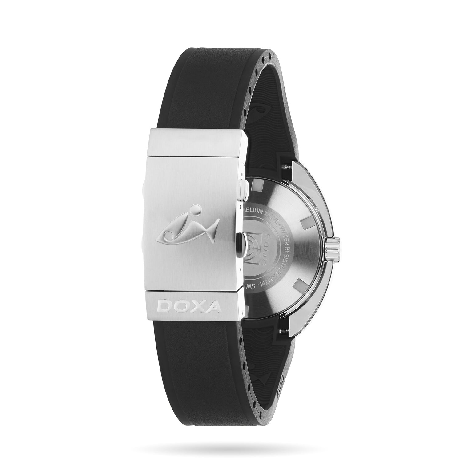 A black rubber strap with a silver clasp featuring the DOXA fish logo and DOXA Army text fastens the DOXA Army Stainless Steel watch, revealing part of its stainless steel case back.