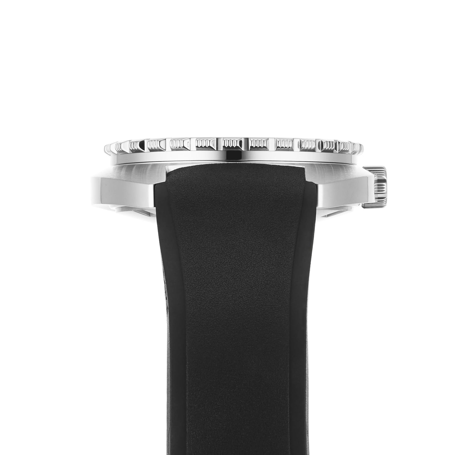 Side view of the DOXA Army Stainless Steel wristwatch by DOXA, featuring a black band and silver bezel, set against a white background.