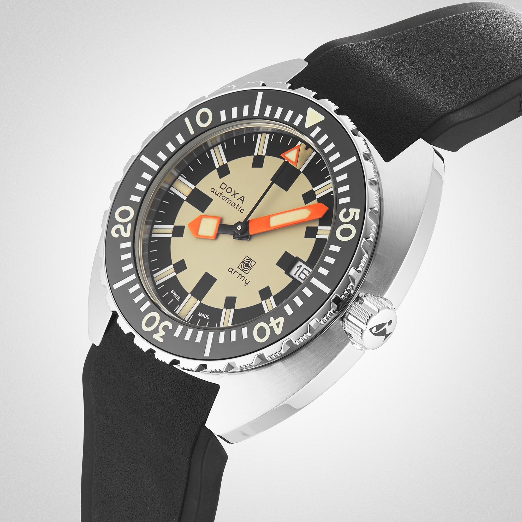 A close-up of the DOXA Army Stainless Steel by DOXA, featuring a beige and black dial, bold orange hands with Super-LumiNova® luminescence, a black bezel, and a robust black rubber strap.