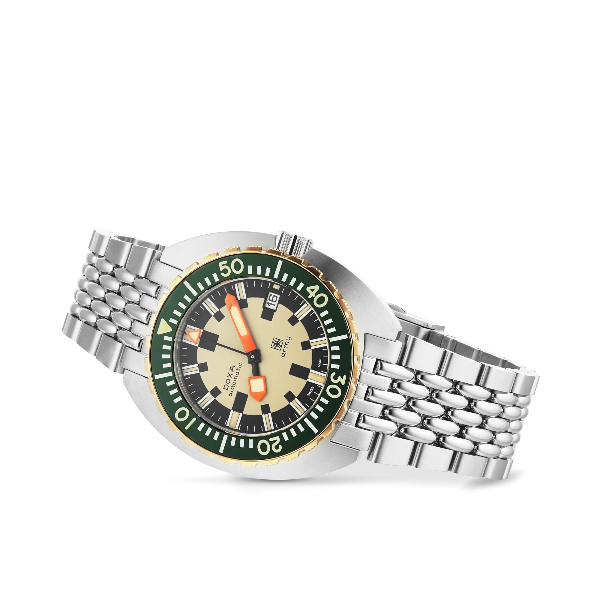 The DOXA Army Bronze wristwatch by DOXA, shown at an angle on a white background, features a bronze case, beige dial, black and green bezel, orange Super-LumiNova® hour hand, and date display.
