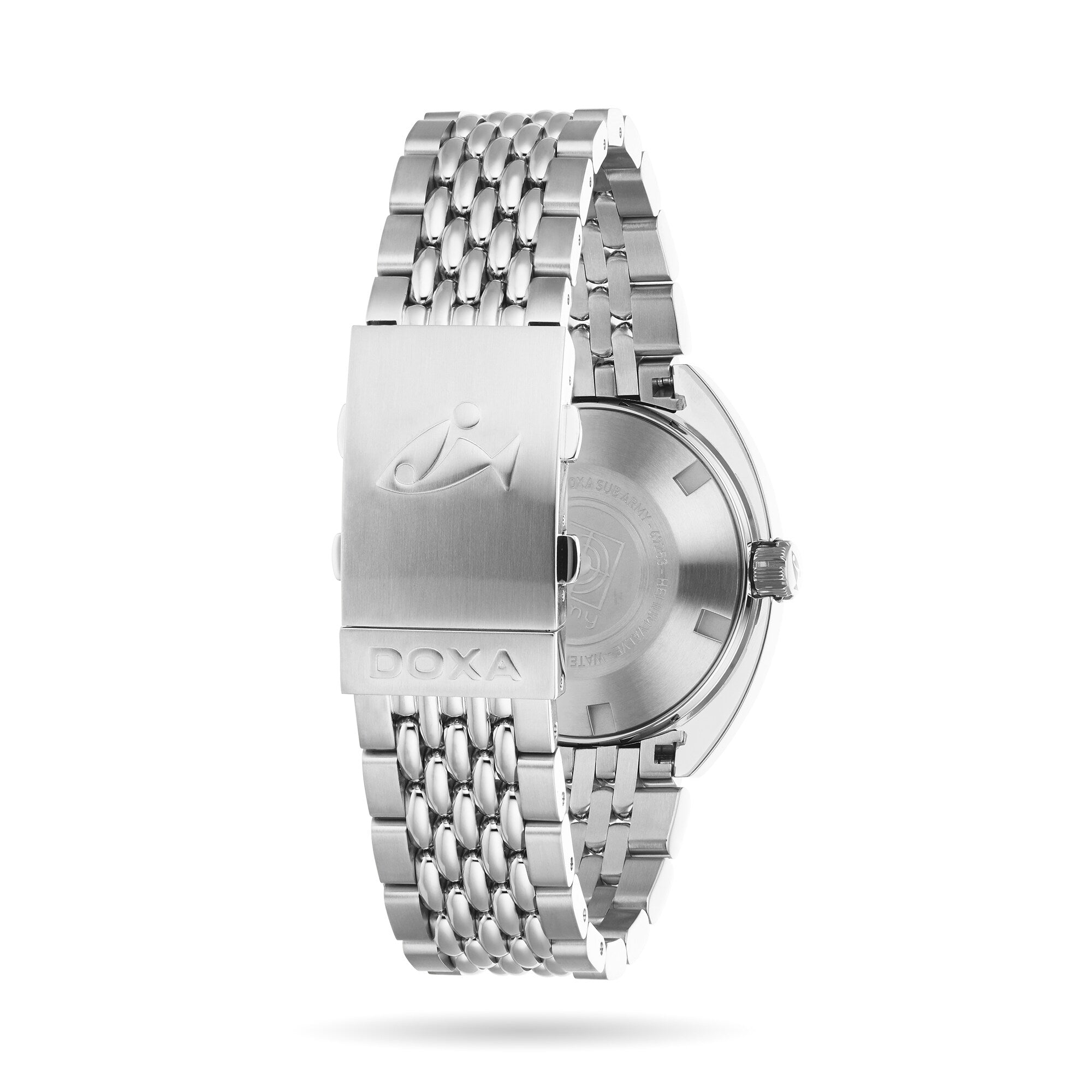 The DOXA Army Bronze by DOXA features a 316L stainless steel bracelet with a clasp engraved with the fish logo and DOXA, plus an exhibition case back that showcases its distinctive Army heritage.