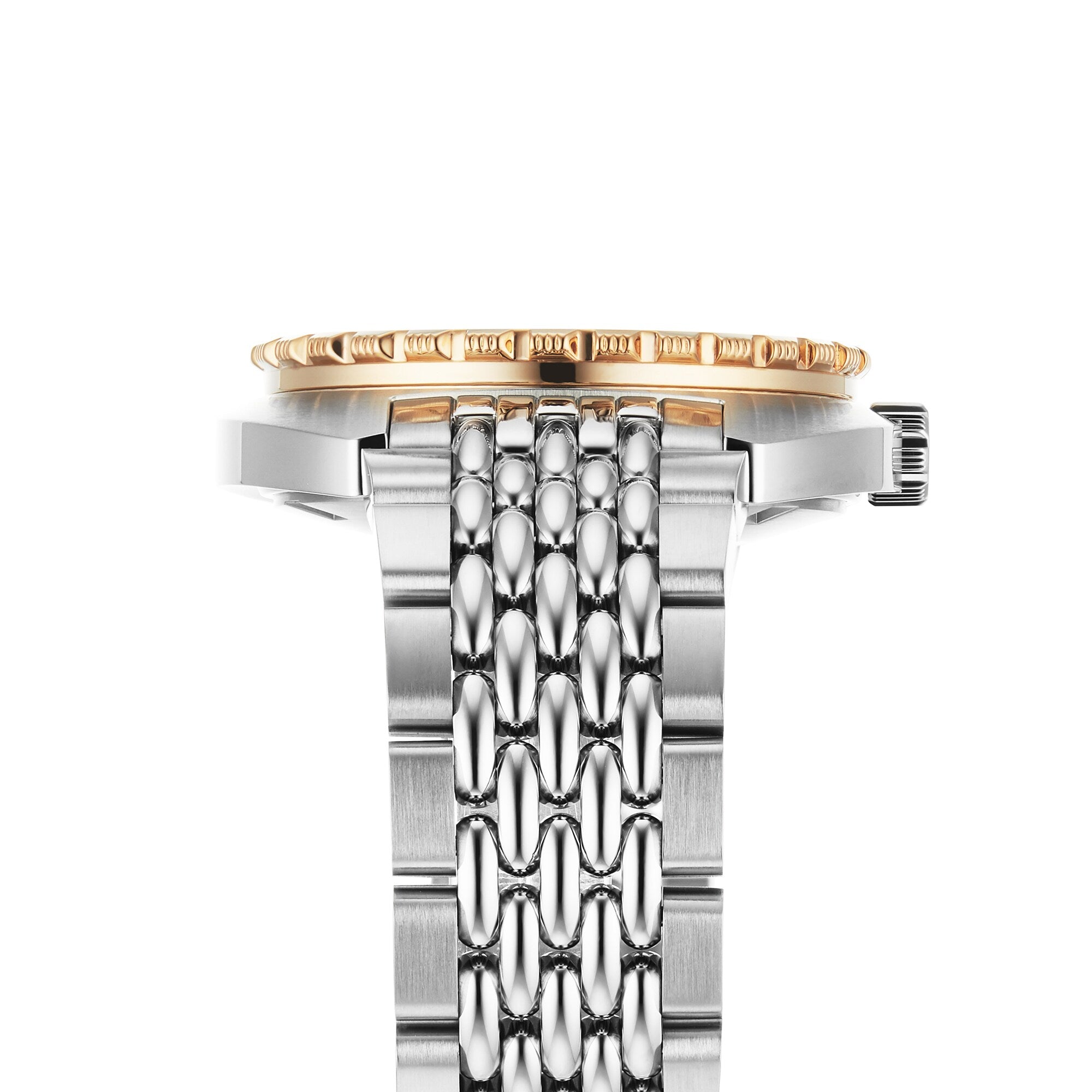 Side view of the DOXA Army Bronze wristwatch by DOXA, featuring a bronze case, gold bezel, multi-link bracelet, visible crown and detailed links, with Super-LumiNova® coating for enhanced visibility.