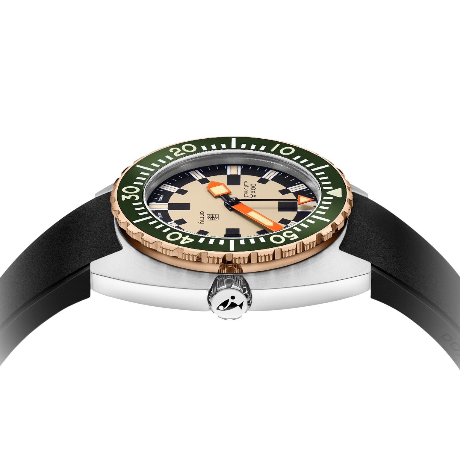A close-up side view of the DOXA Army Bronze wristwatch by DOXA, featuring a green bezel, beige dial, black strap, orange Super-LumiNova® markers and minute hand, plus a stainless steel crown with an engraved logo.