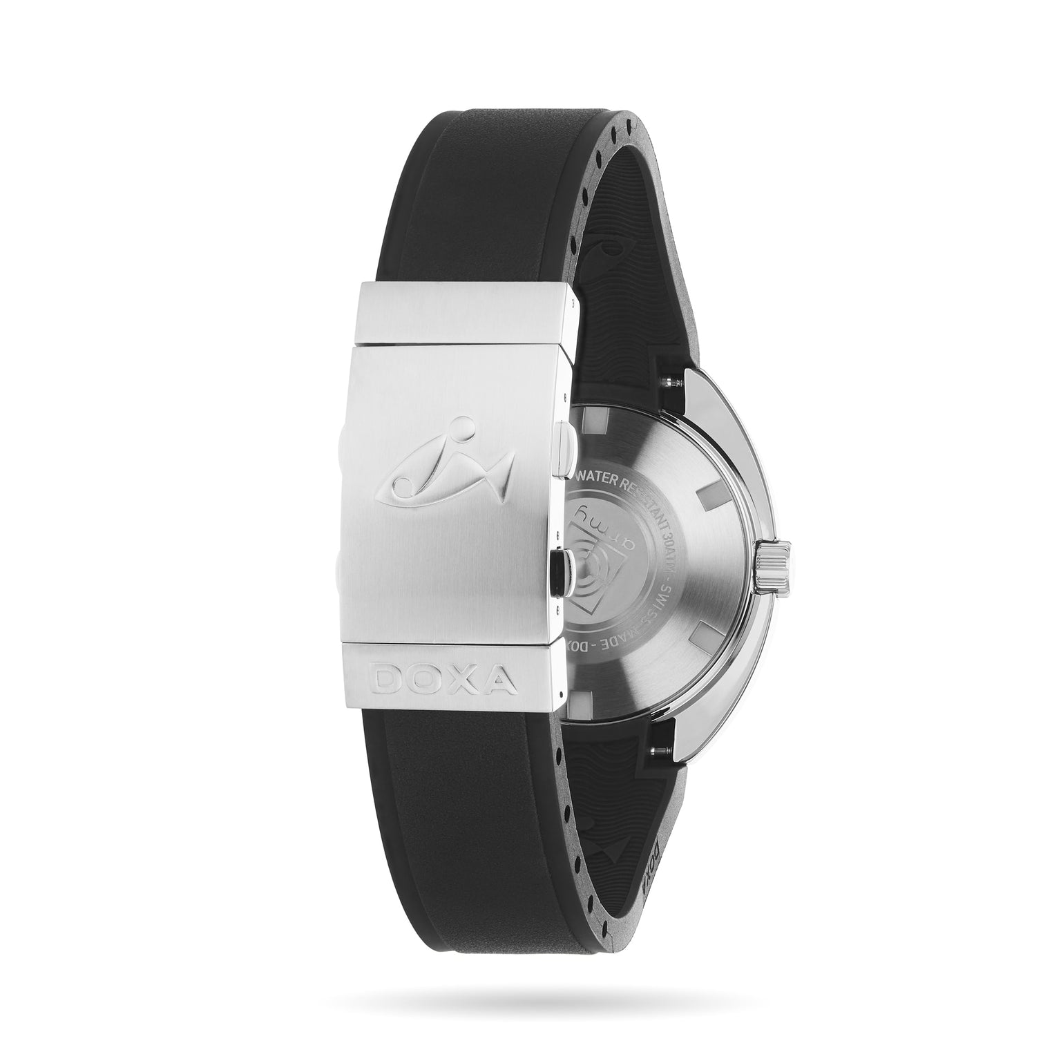 The image shows the back and clasp of a DOXA Army Bronze wristwatch with a black rubber strap and a stainless steel buckle featuring the engraved DOXA logo.