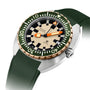 The DOXA Army Bronze is a DOXA dive watch featuring a green bezel, beige dial, orange hands, and a green rubber strap.