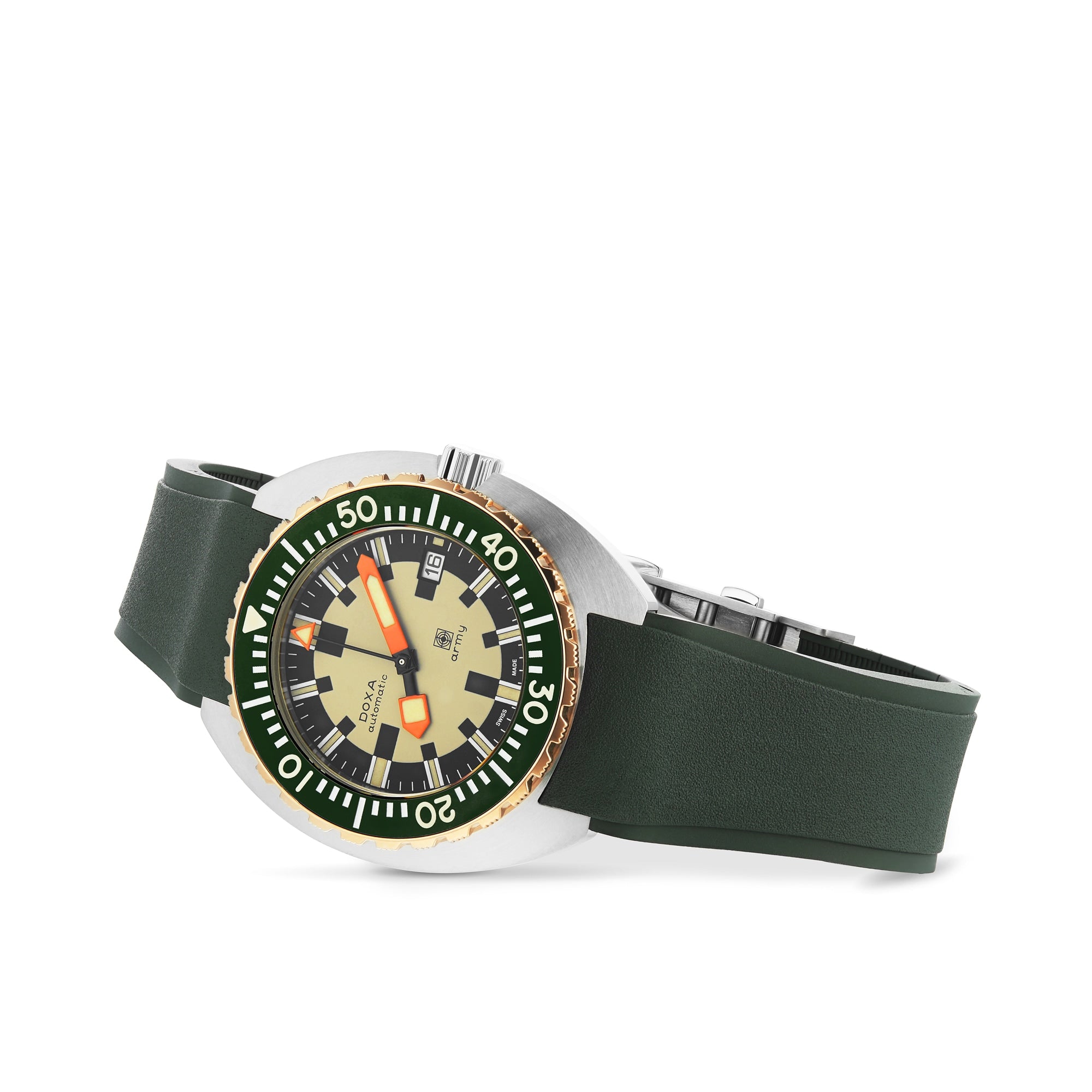 The DOXA Army Bronze, a dive watch by DOXA, features a bold green and yellow bezel and a matching green rubber strap, displayed at an angle.