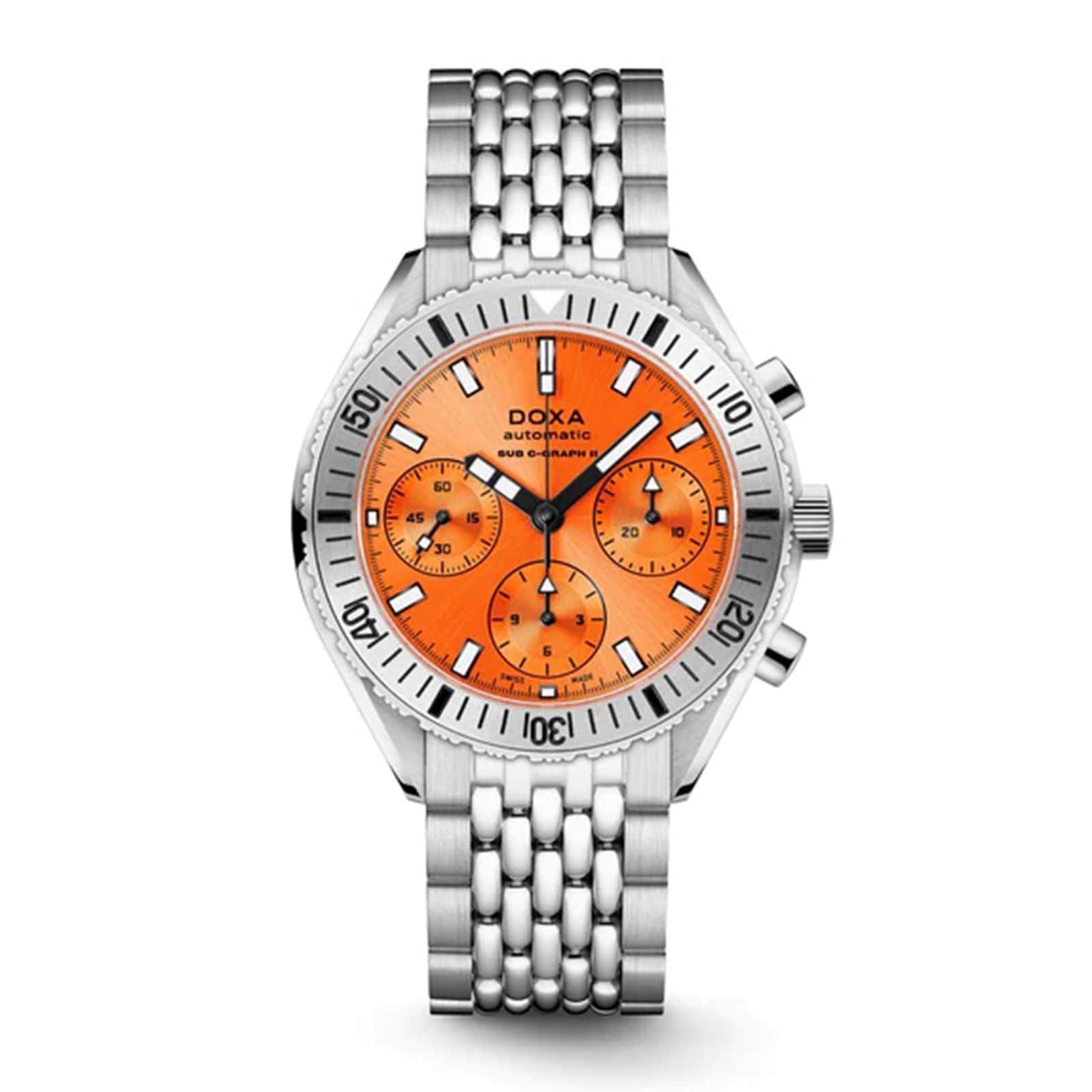 The DOXA Sub 200 C-Graph II Professional is a stainless steel dive watch with an orange dial, three subdials, a metal bracelet, and “automatic” text on the face.