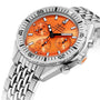 The DOXA Sub 200 C-Graph II Professional is a stainless steel dive watch featuring an orange dial, three subdials, silver hour markers, and a metal link bracelet.
