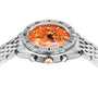 The DOXA Sub 200 C-Graph II Professional, a stainless steel dive watch with an orange dial, silver bezel, and metal link bracelet, is shown from a side angle.