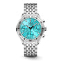The DOXA Sub 200 C-Graph II Aquamarine is a mechanical automatic chronograph wristwatch with a stainless steel bracelet, turquoise dial, three subdials, and bold black hour markers—a versatile tool watch for every occasion.